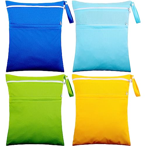 4 Pcs Wet Dry Bag for Baby Cloth Diapers Waterproof Wet Bag Washable Travel Bag Reusable Cloth Diaper Bag with 2 Pocket Toddler Swim Wet Bag for Travel Beach Pool (Sky Blue, Yellow, Green, Navy Blue)