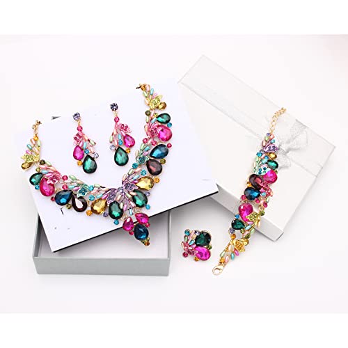 Jewelry Set for Women, Statement Necklace Dangle Earrings Bracelet Ring, White/KC Gold Plated Jewelry Set with Rhinestone Pearl Crystal Wedding Party Jewelry for Bridal Bridesmaid