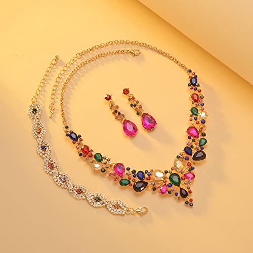 3/4 Pieces Women Jewelry Set Rhinestone Crystal Bride Statement Choker Necklace Tiara Crown Link Bangle Bracelet Teardrop Dangle Earrings Set for Wedding Party