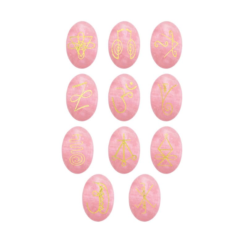 Rose Quartz Zonar, Halu, Harth, Gnosa, Rana, Iava, Shanti, Kriya, Dumo, Tibetan Fire Serpent, Om Engraved K-Aruna Palm Healing Reiki Symbol Crystal Healing Stones 11 PCS (1 Set)