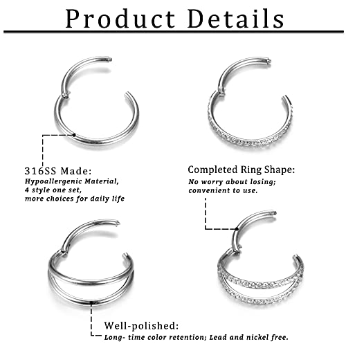 Dochais 4PCS 18G Nose Rings Hoops, Surgical Steel Earrings Tragus Septum Piercing CZ Clicker Septum Ring Hinged Segment Septum Conch Lip Cartilage Double Hoops 8mm 10mm For Women Men