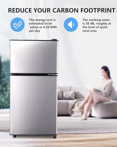 FLS-80-SILVER 3.5Cu.Ft Compact Refrigerator, Small Refrigerator with freezer, Retro Fridge with Dual Door, 7 Level Adjustable Thermostat for Garage, Dorm,Bedroom, Office, Apartment