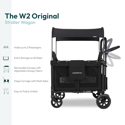 WONDERFOLD W2 Original Double Stroller Wagon Featuring 2 High Seats with 5-Point Harnesses, Easy-Access Front Zipper Door, and Removable UV-Protection Canopy, Black