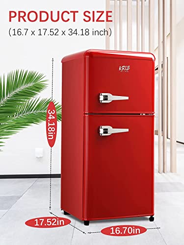KRIB BLING Retro Fridge With Freezer,3.5 Cu. Ft Refrigerator With 2 Doors,7- Level Adjustable Thermostat, Removable Glass Shelves For Bedroom, Office, Kitchen, Apartment, Dorm, Red