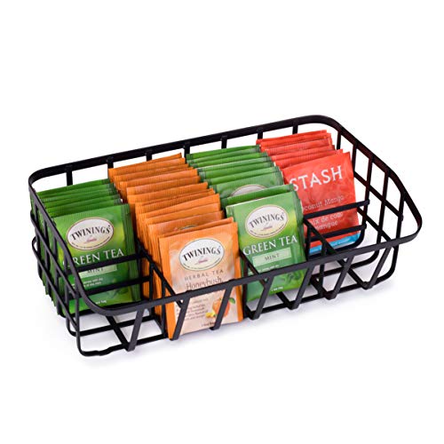 Tea Bag Organizer Caddy - Metal Tea Box Storage Holder for Tea, Cups, Pods, Packets, Condiment Accessories - Black