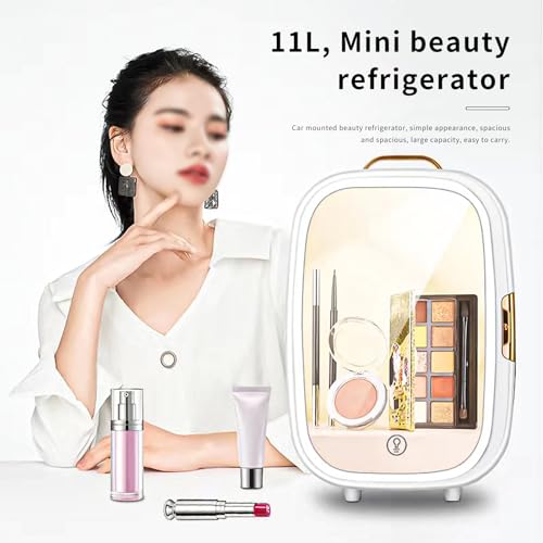 11 Liter Skincare Fridge, Makeup Refrigerator with Dimmable LED Mirror Door, Personal Beauty Fridge with Cooler & Warmer for for All Cosmetics and Skincare Needs