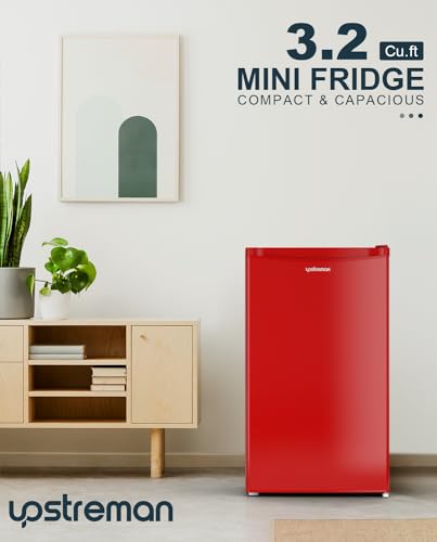 Upstreman 3.2 Cu.Ft Mini Fridge with Freezer, Single Door, Adjustable Thermostat, Refrigerator for Dorm, Office, Bedroom, Red-BR321