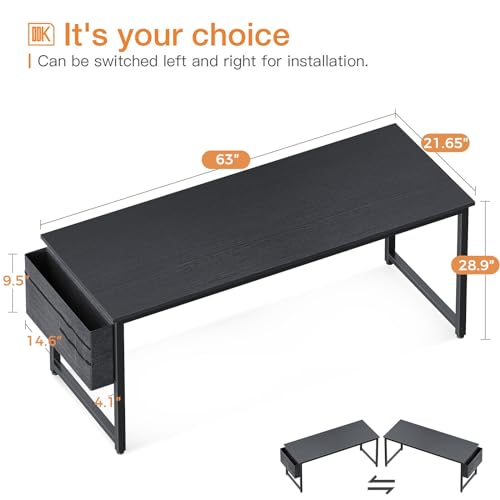 ODK Computer Desk Large Office Desk, 63 Inch Gaming Desk with Storage, Modern PC Desk Work Table with Headphone Hook for Home Office, Black