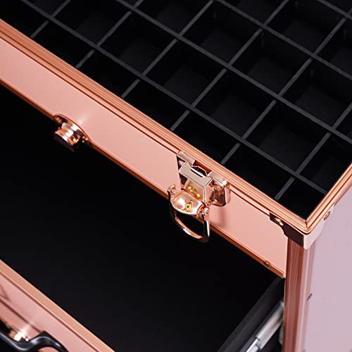 Rolling Makeup Case 3-Tier Cosmetic Trolley Case Large Professional Salon Storage Organizer with Adjustable Divider for Beauty Personal Care (Rose Gold)