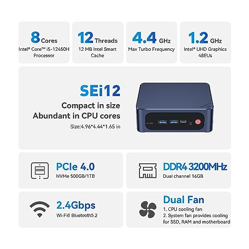 Beelink SEi12 Mini PC,12th Generation Intel Core i5-12450H up to 4.4GHz(8C/12T),Mini Computer with 16GB DDR4 RAM/500GB M.2 2280 NVMe PCle 4.0 SSD,4K FPS/WiFi 6/BT5.2/Dual-Screen Display