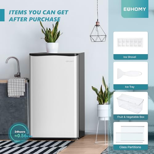 EUHOMY 3.2 Cu.Ft Mini Fridge with Freezer, Single Door Compact Refrigerator, LED light, Energy Saving, Mini Refrigerator Adjustable Thermostat, Mini fridge for Bedroom, Dorm, Office, Silver