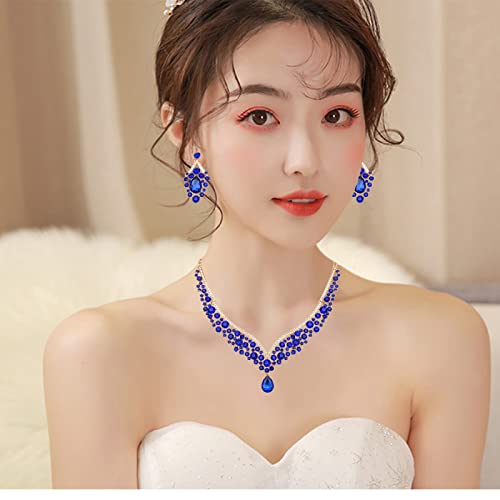 Women's Statement Necklace Earrings Link Bracelet Set for Bride Austrian Crystal Wedding Bridal Costume Jewelry Sets