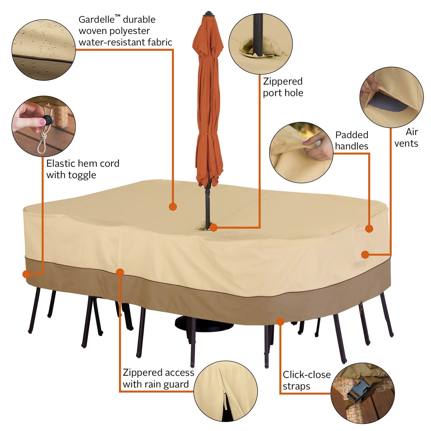 Classic Accessories Veranda Water-Resistant 88 Inch Rectangular/Oval Patio Table & Chair Set Cover with Umbrella Hole