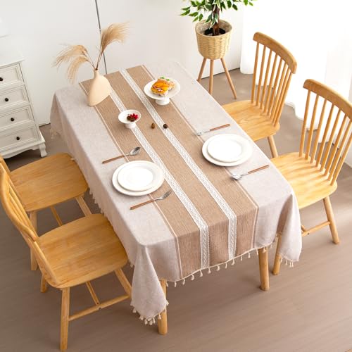 EMART Table Cloth for Rectangle Tables, Cotton Linen Waterproof Tablecloth with Tassels for Kitchen Dining Decoration, Rustic Style Tablecloth - Coffee Stripes, 55" X 70", 4-6Seats