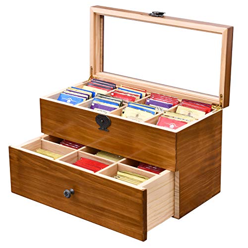 WELLAND Tea Box for Tea Bags Organizer, Tea Storage Chest with Clear Acrylic Window, 2-layer 14 Compartments Large Tea Organizer, Gift Idea