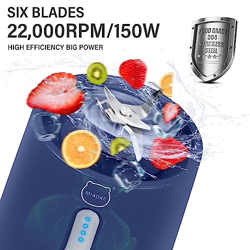 Personal Juicer, Miaoke Portable Blender 17 Oz 6 Leaves High-Speed 304 Stainless Steel Blade 22000 R/Min 4000Ah Type-C Rechargeable 4-Grade power prompt With Portable Removable Cup Lid/Dark Blue