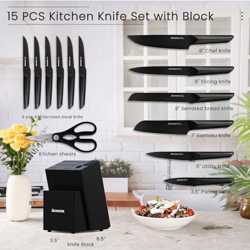Astercook Knife Set, 15 Pieces Kitchen Knife Sets with Block and Built-in Knife Sharpener, German Stainless Steel Handle One-Piece Design Knives Block Set Dishwasher Safe, Black