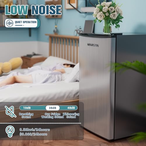 3.2 Cu. Ft Mini Fridge with Freezer for Bedroom, Dorm, Office, Compact Refrigerator with Adjustable Thermostat, Removable Glass Shelves and Reversible Door (Silver)