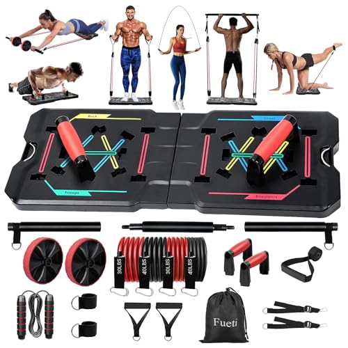 Home Gym Equipment, Large Compact Push Up Board, Portable Home Gym System with Pilates Bar, Resistance Band, Ab Roller Wheel, Full Body Workout at Home, Professional Push Up Strength Training