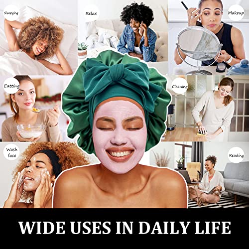 Satin Silk Hair Bonnet for Sleeping Large Bonnets with Tie Band Hair Wrap with Adjustable Straps Hair Cap Night Sleep Caps for Women Curly Braid Hair Hunter Green