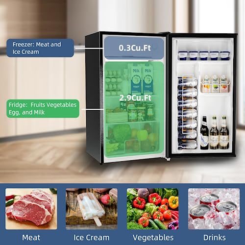 BANGSON Mini Fridge with Freezer, 3.2Cu.Ft, Single Door Small Refrigerator, Energy-efficient, Low Noise, Mini fridge for Bedroom Dorm and Office, Black…
