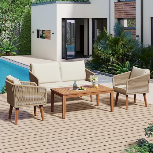 Merax 4-Piece Patio Furniture, Outdoor PE Rattan Conversation Sets 1 Loveseat, 2 Chairs and Acacia Wood Coffee Table for Backyard, Deck, Poolside, Garden, Beige Cushion + Natural Rope
