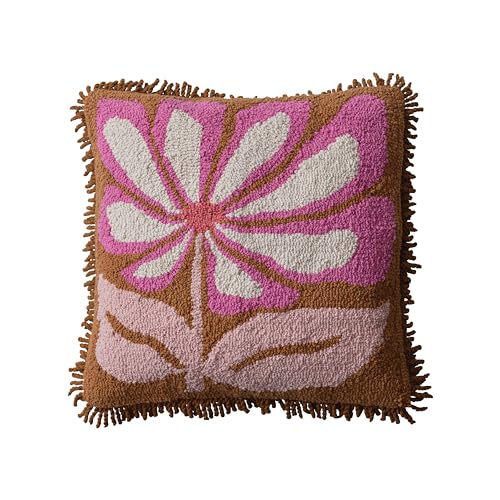 Creative Co-Op, Pink Cotton Punch Hook Pillow with Flower and Fringe, Brown, Natural, Square
