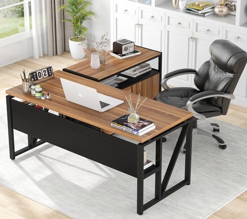 Tribesigns 55-inch L Shaped Desk with Drawer Cabinet, Executive Computer Desk and lateral File Cabinet, 2 Piece Home Office Furniture with Drawers for Hanging File, Doors with Locks (Brown, 55 inches)