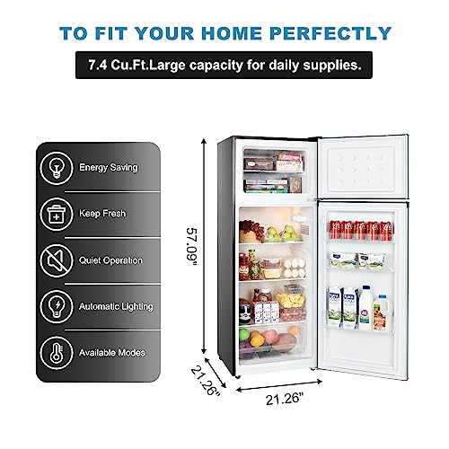 Frestec 7.4 CU' Refrigerator with Freezer, Apartment Size Refrigerator Top Freezer, 2 Door Fridge with Adjustable Thermostat Control, Freestanding, Door Swing, Stainless Steel (FR 742 SL)