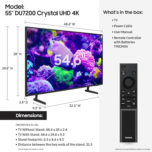 SAMSUNG 55-Inch Class Crystal UHD 4K DU7200 Series HDR Smart TV w/Object Tracking Sound Lite, PurColor, Motion Xcelerator, Mega Contrast, Q-Symphony, Alexa Built-in (UN55DU7200, 2024 Model)