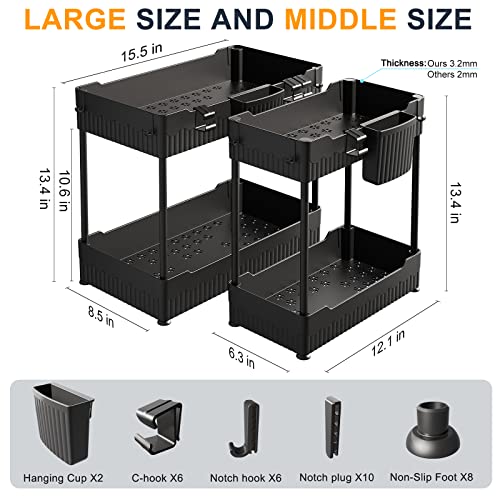 2 Pack Under Sink Organizer, Under Bathroom Cabinet Organizer with Hooks Hanging Cup, Multi-Purpose Storage Shelf for Kitchen Bathroom, Black