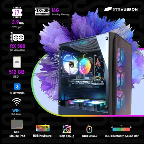 STGAubron Gaming Desktop PC Computer,Intel Core I7 3.4 GHz up to 3.9 GHz,Radeon RX 580 8G GDDR5,16G RAM,512G SSD,WiFi,Bluetooth 5.0,RGB Fanx6,RGB Keyboard&Mouse&Mouse Pad,RGB BT Sound Bar,W10H64