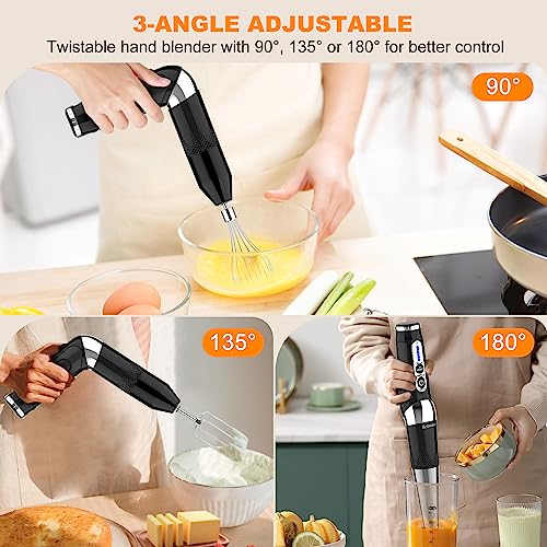 Cordless Hand Blender: 4-in-1 USB Rechargeable Immersion Blender, 21 Variable Speeds & 3-Angle Adjustable with 700ml Chopper, 700ml Beaker, Egg Whisk and Beater for Smoothies, Soup, Baby Food (Black)