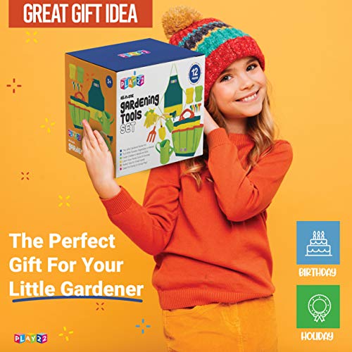 Play22 Kids Gardening Tool Set 12 PCS - Kids Gardening Tools Shovel Rake Fork Trowel Apron Gloves Watering Can and Tote Bag, Toddler Gardening Tools for Kids Best Outdoor Toys Gift for Boys and Girls