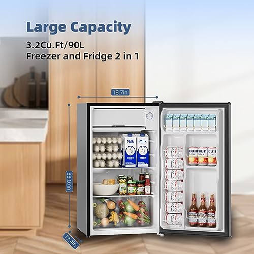 BANGSON Compact Fridge with Freezer, 3.2 CU.FT. Small refrigerator with Freezer, 5 Adjustable Temperatures, 38 dB Low Noise, Reversible Door, Small Fridge For Dorm Bedroom or Office, Silver…