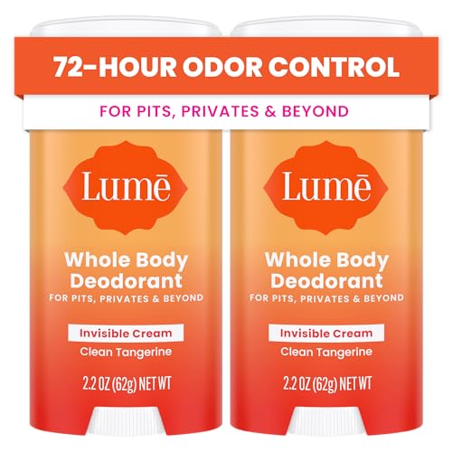 Lume Whole Body Deodorant - Invisible Cream Stick - 72 Hour Odor Control - Aluminum Free, Baking Soda Free, Skin Safe - 2.2 Ounce (Pack of 2) (Clean Tangerine)