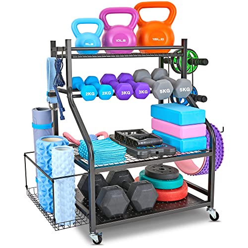 Dumbbell Rack, Yoga Mat Storage Rack - Weight Rack for Dumbbells, Home Gym Storage Rack for Yoga Mat, Dumbbells and Kettlebells, All in One Workout Equipment Storage with Caster Wheels