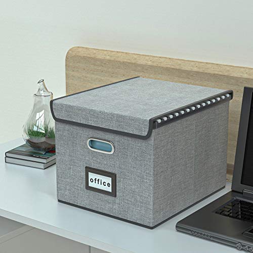 Huolewa Upgraded Portable File Organizer Box with Lid with Plastic Slide, Decorative Collapsible Linen Hanging Home/Office Filing System Box for File and Folders Storage (Gray)