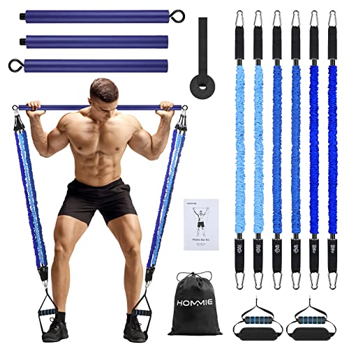 Hommie Portable Pilates Bar Kit with Resistance Bands for Men and Women，Upgraded 3 Section Pilates Bar with Resistance Bands (20-60lb) for Home Gym Equipment Supports Full-Body
