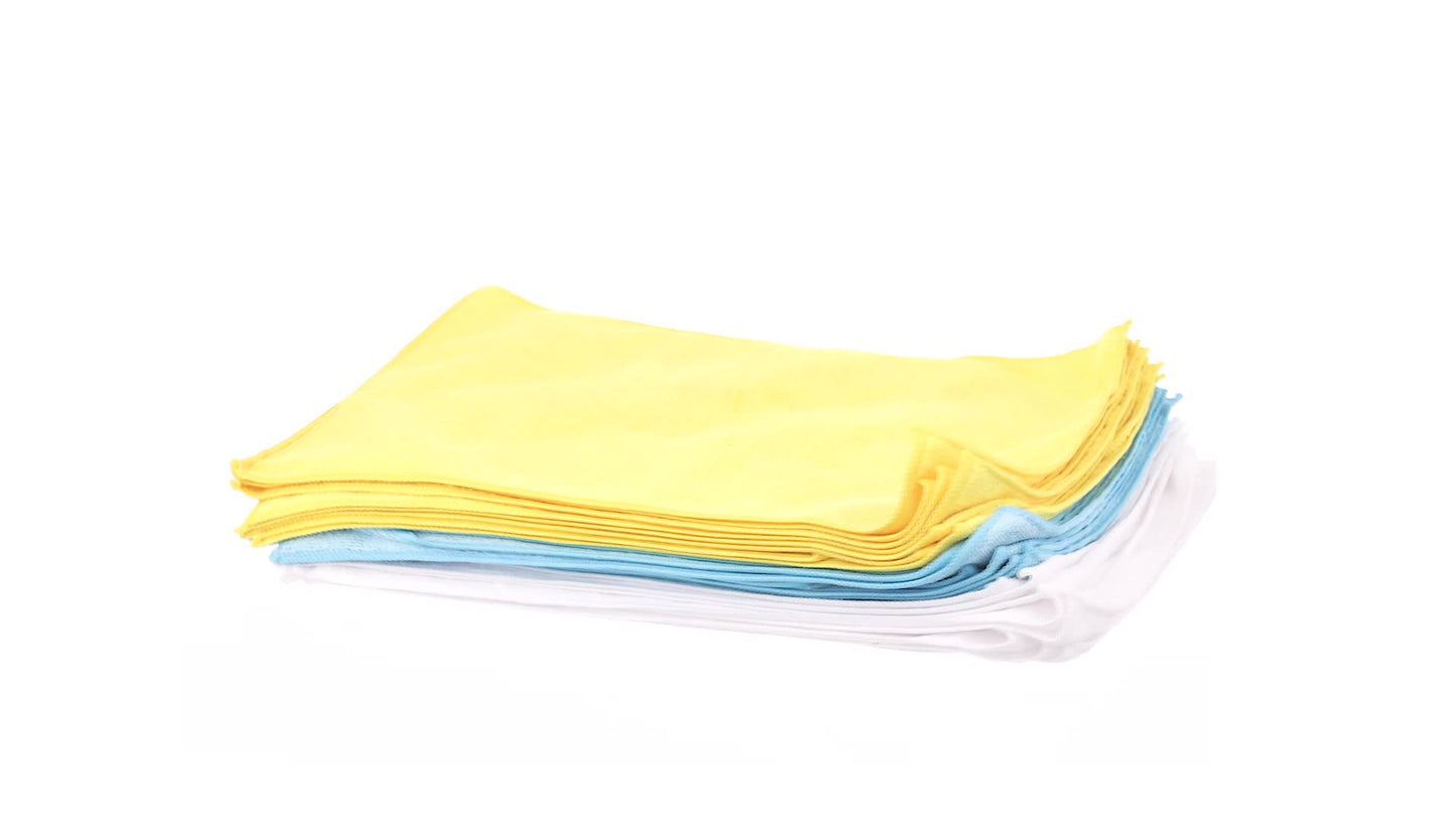 Amazon Basics Microfiber Cleaning Cloths, Non-Abrasive, Reusable and Washable, Pack of 24, Blue/White/Yellow, 16" x 12"