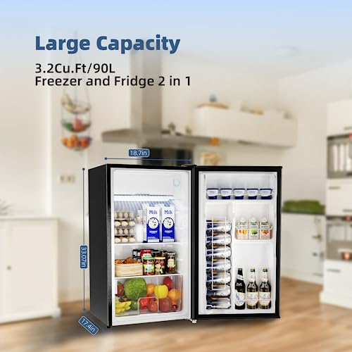 BANGSON Mini Fridge with Freezer, 3.2Cu.Ft, Single Door Small Refrigerator, Energy-efficient, Low Noise, Mini fridge for Bedroom Dorm and Office, Black…
