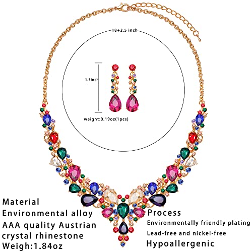 3/4 Pieces Women Jewelry Set Rhinestone Crystal Bride Statement Choker Necklace Tiara Crown Link Bangle Bracelet Teardrop Dangle Earrings Set for Wedding Party