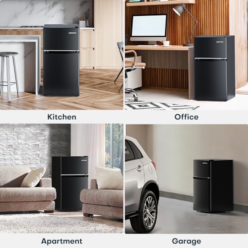Upstreman 3.1 Cu.Ft Mini Fridge with Freezer, Double Door Mini Fridge, Adjustable Thermostat, Energy Saving, Mini Fridge for Office, Dorm, Bedroom, Black