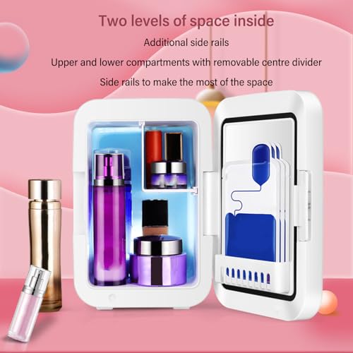 Skincare Fridge with LED Light Mirror, 4L Mirrored Door Makeup Mini Refrigerator for Bedroom, Car, Office, Dorm, Portable Small Personal Beauty Fridge for Cosmetics, Skin