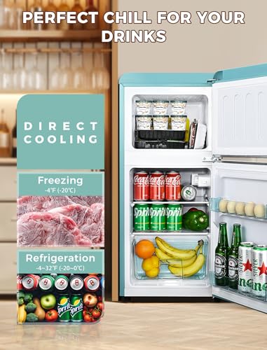 3.2 Cu.Ft Compact Refrigerator Mini Fridge with Freezer, Retro Double Door Small Fridge, 7 Level Thermostat Removable Shelves, Small Refrigerator for Dorm, Office, Bedroom, Blue