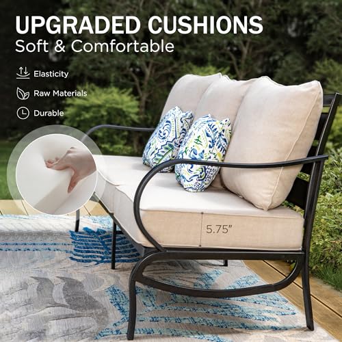 PHI VILLA 5 PCS Patio Furniture Sets with 1 x 3 Seater 5.75" Cushioned Deep Seating Bench, 2 x Swivel Sofa Chairs & 2 x Metal Cushioned Ottoman, Outdoor Furniture Deluxe Patio Set for Garden