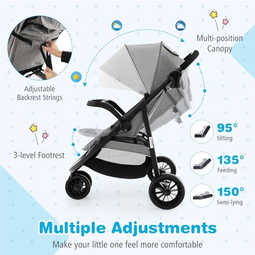 BABY JOY Jogging Stroller, Jogger Travel System with 5-Point Safety Harness, Adjustable Canopy/Backrest/Footrest, Storage Basket & Pocket, Lightweight Baby Stroller for Newborn Toddlers (Gray)