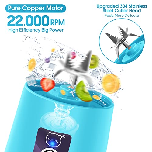 Portable Blender, MIAOKE Smoothie Blender, Personal Mini Juice Blender with Six Blades in 3D, USB Rchargeable Juicer Cup Home/Office/Outdoors (Blue)
