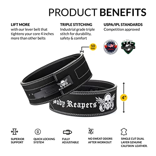 Body Reapers Weight Lifting Belt for Men & Women, Heavy Duty Lever Belt Weightlifting Belt Made of Calfskin Leather 10mm Thick, 4 Inch Wide - Powerlifting Belt for Back Support, Gym & Fitness Training