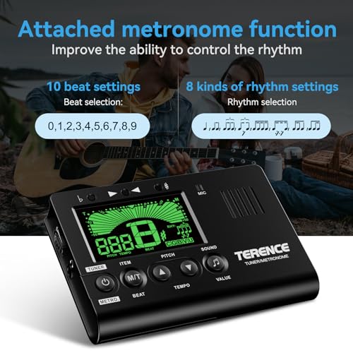 TERENCE Metronome Tuner, 3 in 1 Digital Metronome Tuner Tone Generator for Guitar, Bass, Ukulele, Chromatic, Clarinet, Trumpet and All Musical Instruments, with LCD Color Display, Volume Adjustable